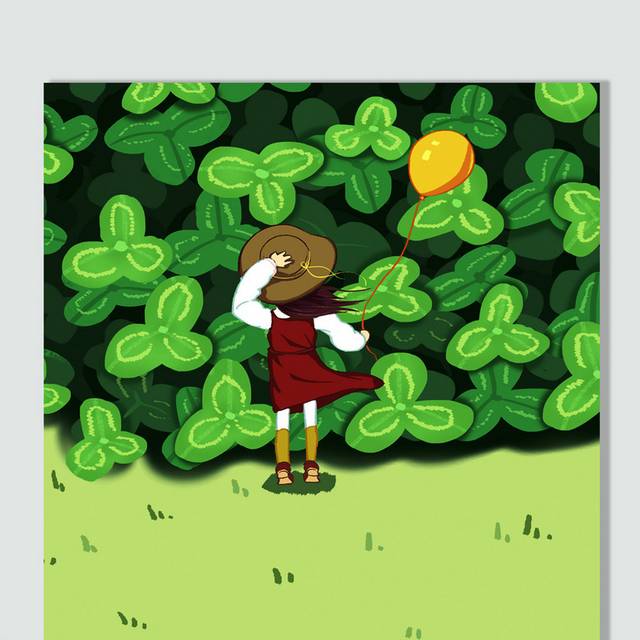 拿着气球的卡通女孩春天绿色背景插画