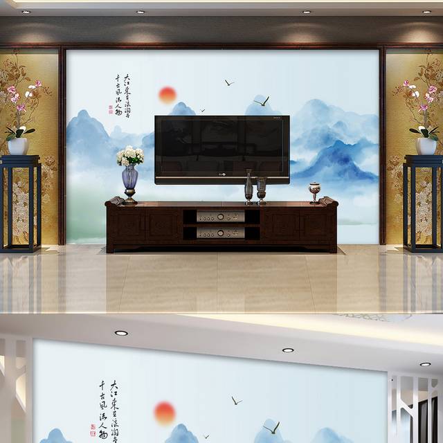 新中式水墨山水画装饰背景墙设计