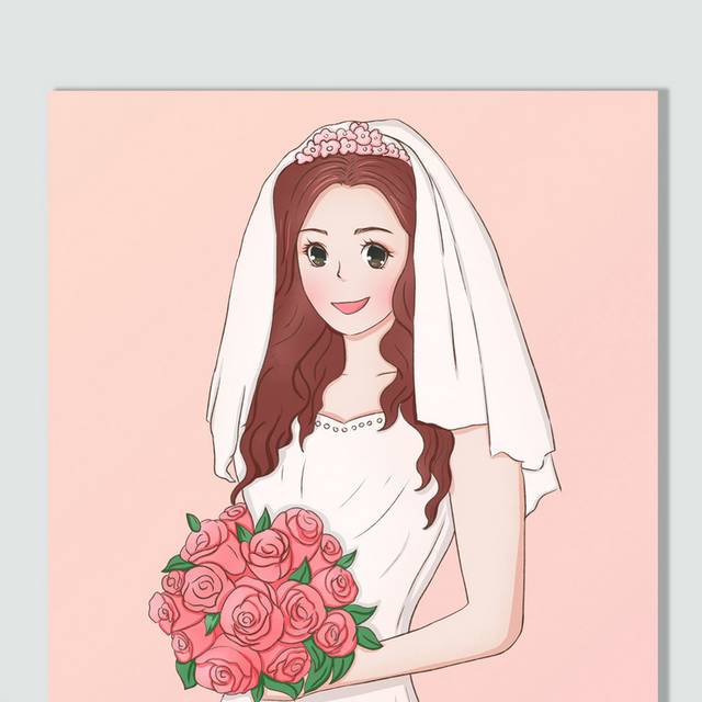 手绘捧花的新娘插画