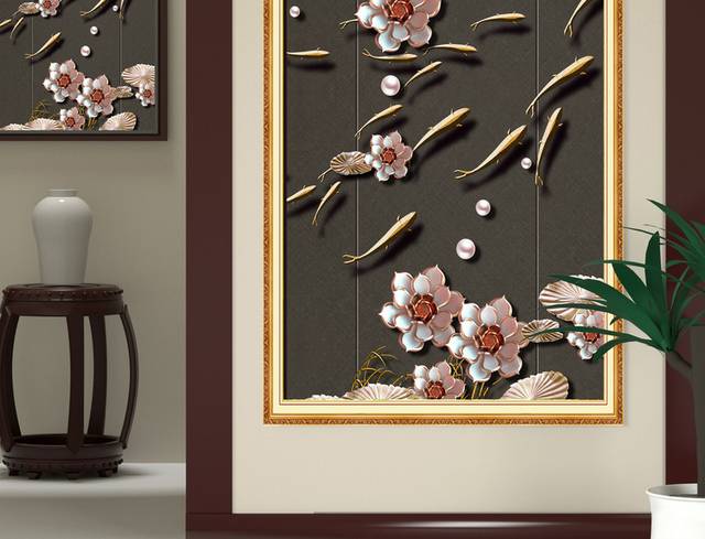 现代新中式鎏金九鱼图客厅玄关画