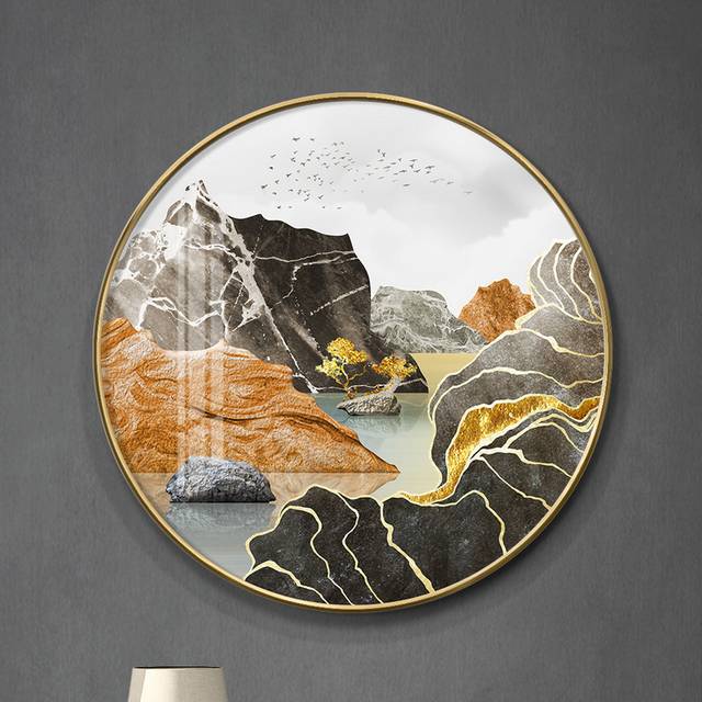 新中式抽象线条金色山水圆形装饰画