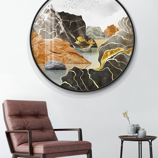 新中式抽象线条金色山水圆形装饰画
