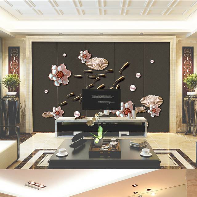 新中式花卉金鱼客厅电视背景墙设计