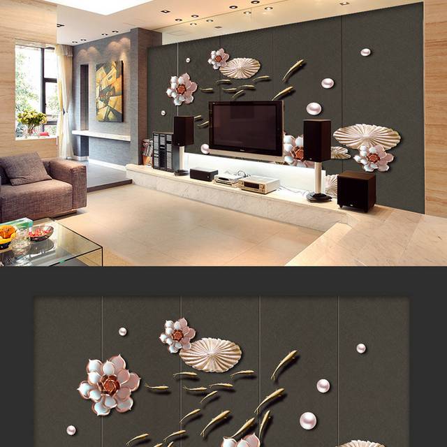 新中式花卉金鱼客厅电视背景墙设计