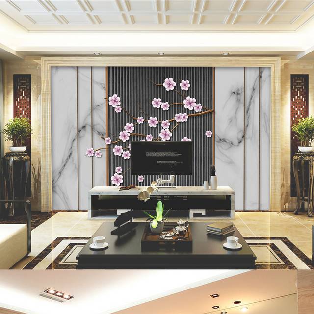 新中式梅花大理石纹客厅背景墙设计