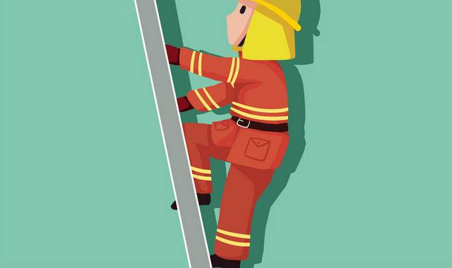 卡通消防人员云梯插画元素