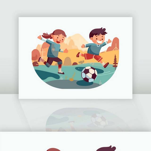 红色扁平两个小朋友在草地一起踢足球插画