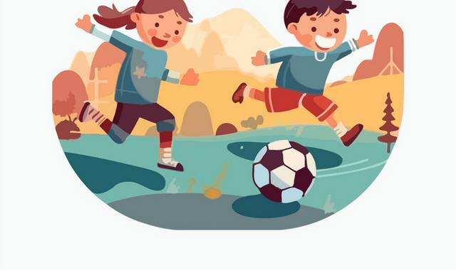 红色扁平两个小朋友在草地一起踢足球插画