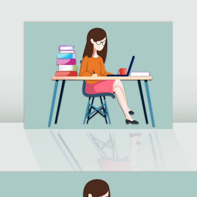 办公桌前批改作业的女老师手绘教师节插画