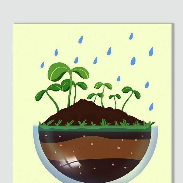 手绘原创植物发芽雨滴谷雨节气插画