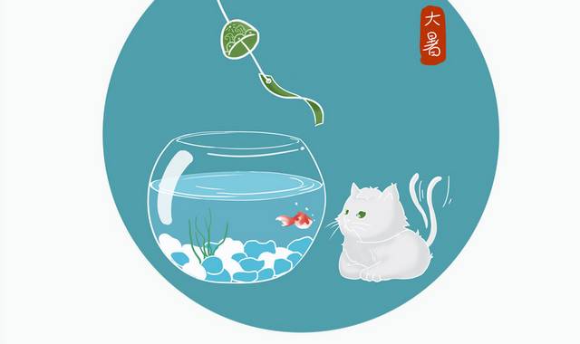 24节气大暑看着鱼缸的猫插画