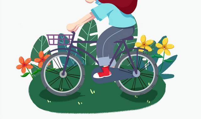 51劳动节骑着自行车的卡通女孩插画
