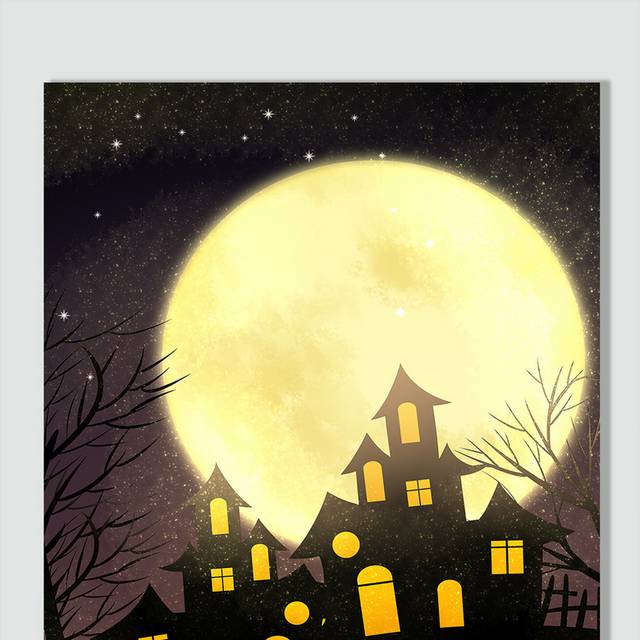 手绘万圣节恐怖之夜城堡月亮插画