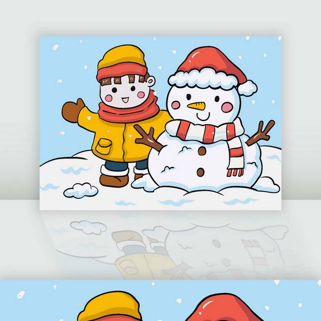 白色描边风格雪人和小孩插画