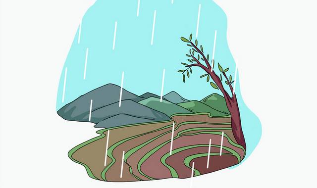 手绘卡通春天下雨山边田地谷雨插画