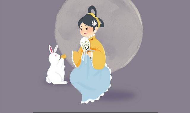 手绘卡通嫦娥与兔子中秋节素材