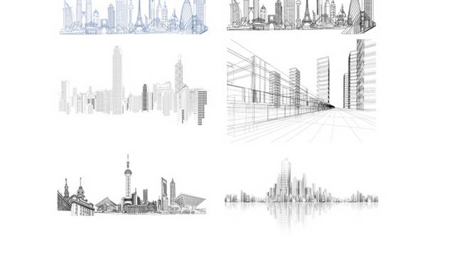 手绘城市建筑高楼剪影素材