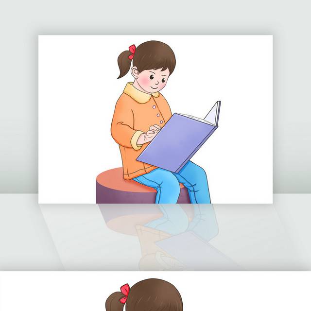 手绘卡通坐姿看书的女孩插画