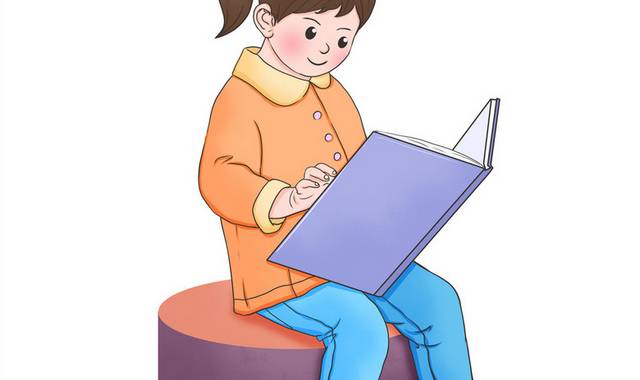 手绘卡通坐姿看书的女孩插画