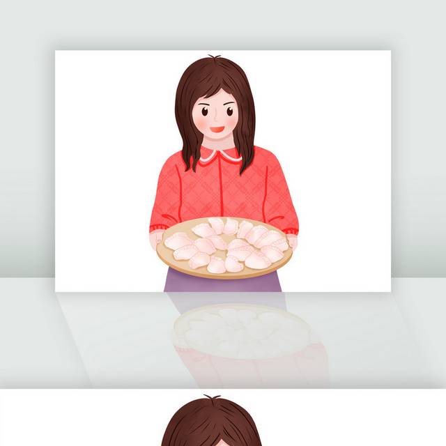 手绘卡通节日端着饺子的女孩插画