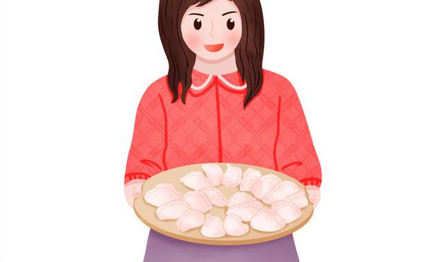手绘卡通节日端着饺子的女孩插画