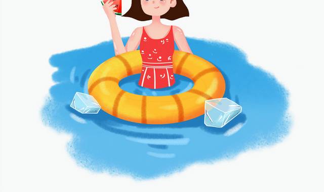 卡通手绘游泳人物立夏节气插画