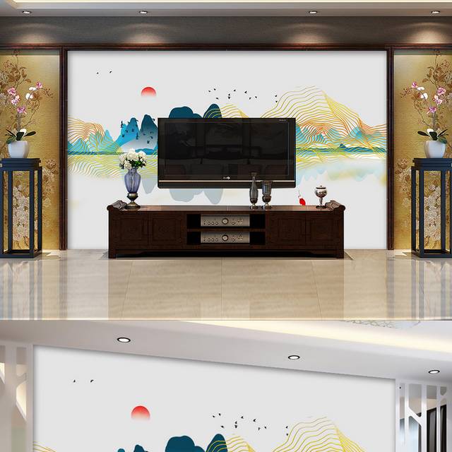 现代手绘山水装饰客厅电视背景墙