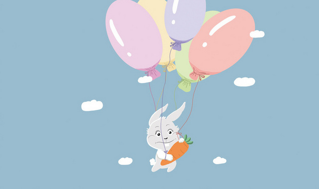 抓着气球的卡通兔子