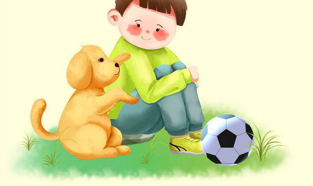 手绘踢球男孩与狗狗插画