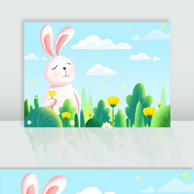 卡通兔子和花草植物插画背景 