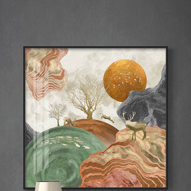 新中式抽象山水麋鹿油画装饰画