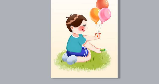 手绘拿气球的男孩插画