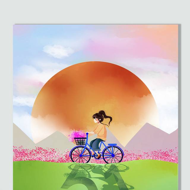 手绘小姑娘骑自行车旅行五一劳动节插画