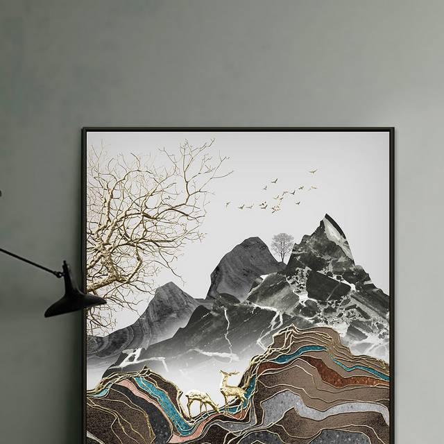 新中式轻奢抽象大理石山峰麋鹿装饰画