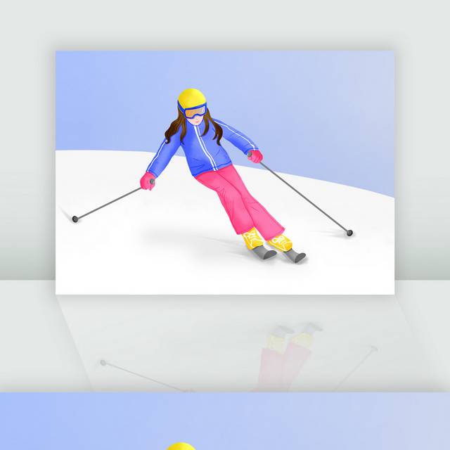 手绘卡通滑雪的女孩插画
