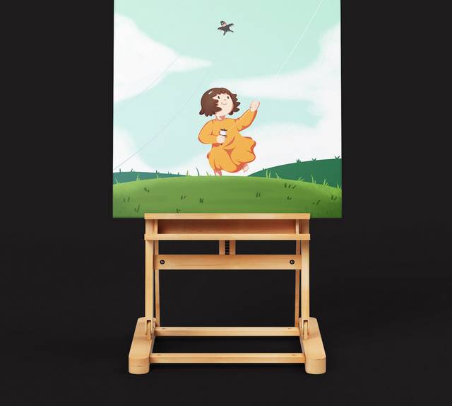 放风筝的卡通女孩绿色春天踏青插画素材