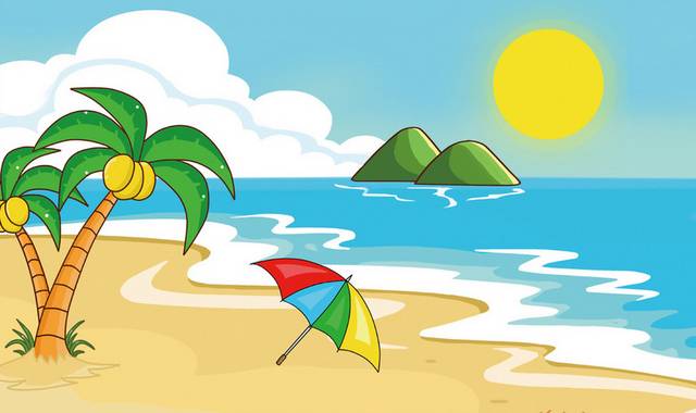 手绘卡通夏日沙滩椰子树插画