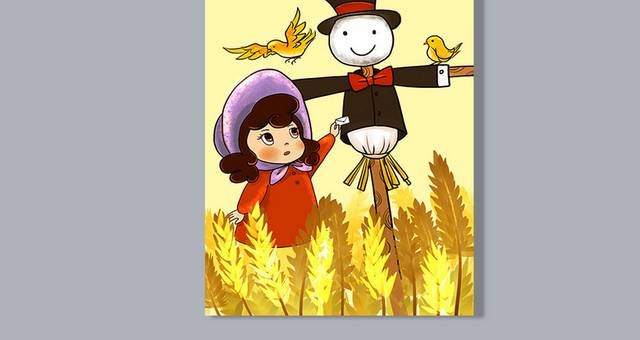 手绘小女孩和麦田里的稻草人