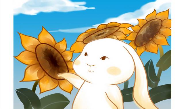 手绘卡通向日葵兔子插画