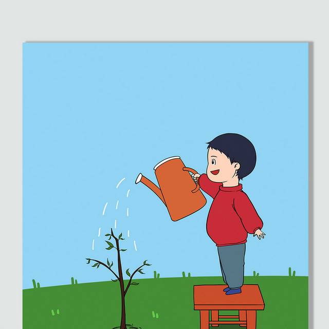 手绘卡通儿童浇水植树插画素材