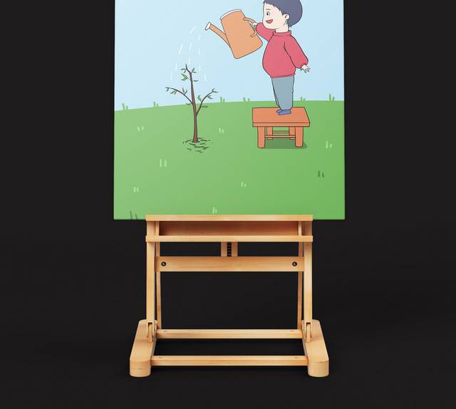 手绘卡通儿童浇水植树插画素材
