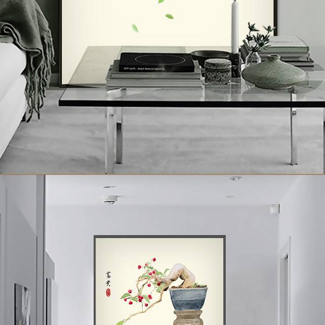 新中式手绘花卉盆栽装饰画