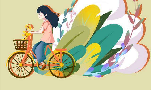 卡通女孩骑自行车踏青郊游插画