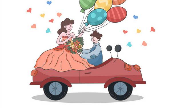 手绘卡通温馨情侣婚礼婚纱照汽车插画元素