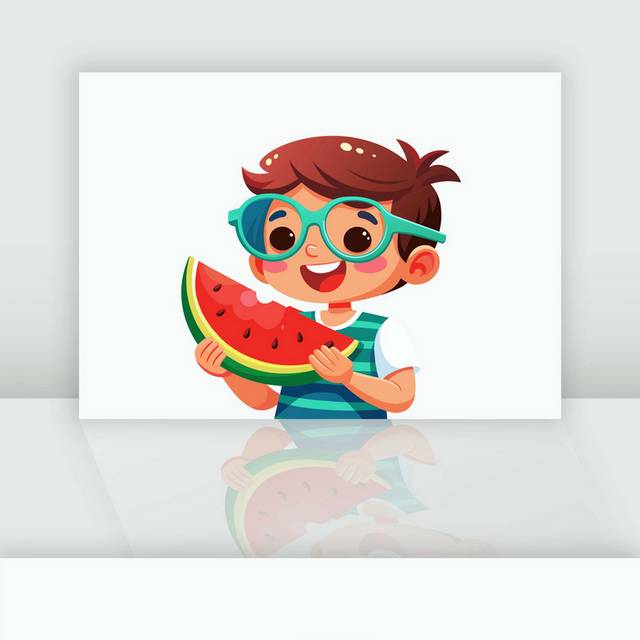 夏天元素小男孩吃西瓜插画