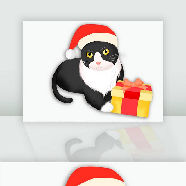 手绘卡通带圣诞帽的可爱猫咪