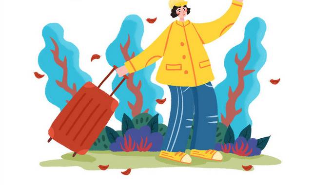 手绘卡通创意出行彩色植物行李箱旅游人物场景插画元素