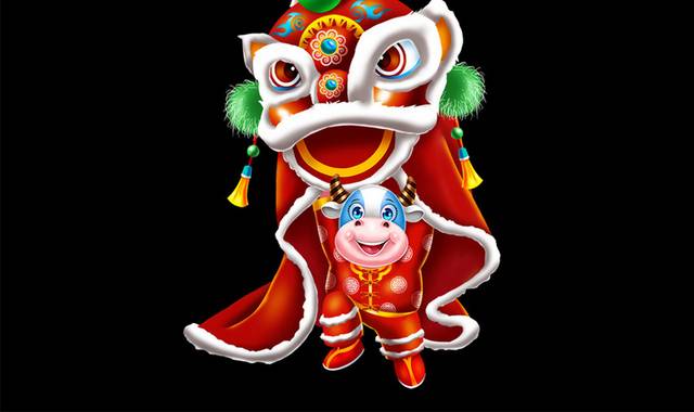 舞龙狮的卡通牛传统春节新年喜庆素材