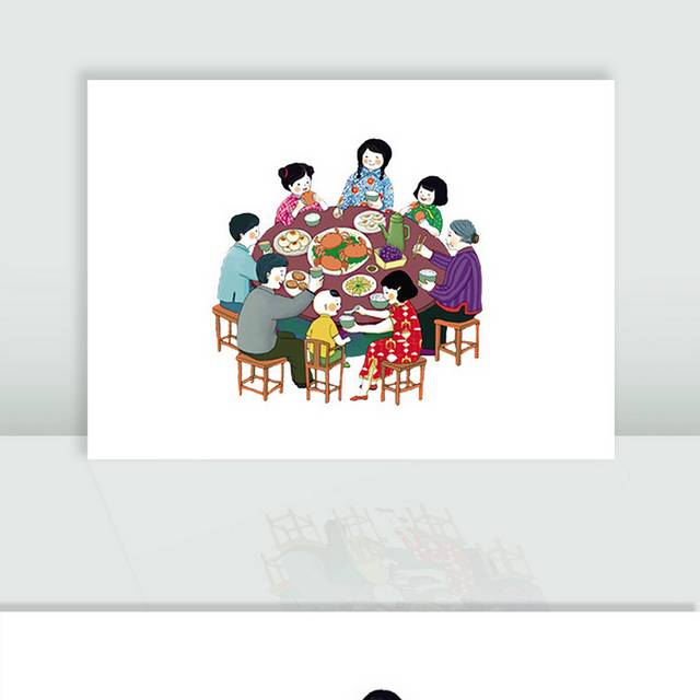 卡通人物围着餐桌吃饭过年团圆喜庆群体素材