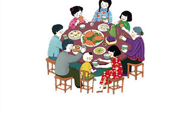 卡通人物围着餐桌吃饭过年团圆喜庆群体素材